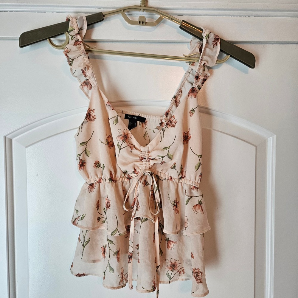 Pink Floral Tank Top Babydoll Tiered Small Peplum Soft Girl Coquette Feminine